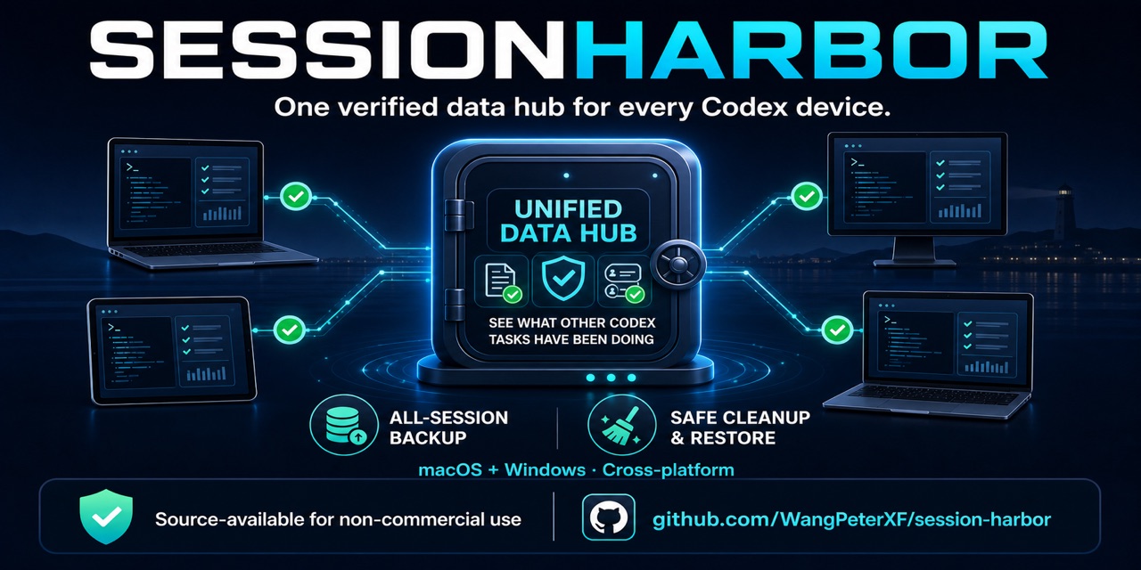 SessionHarbor connects multiple Codex devices to one verified data hub for backup, cleanup, restore, and reviewed context.